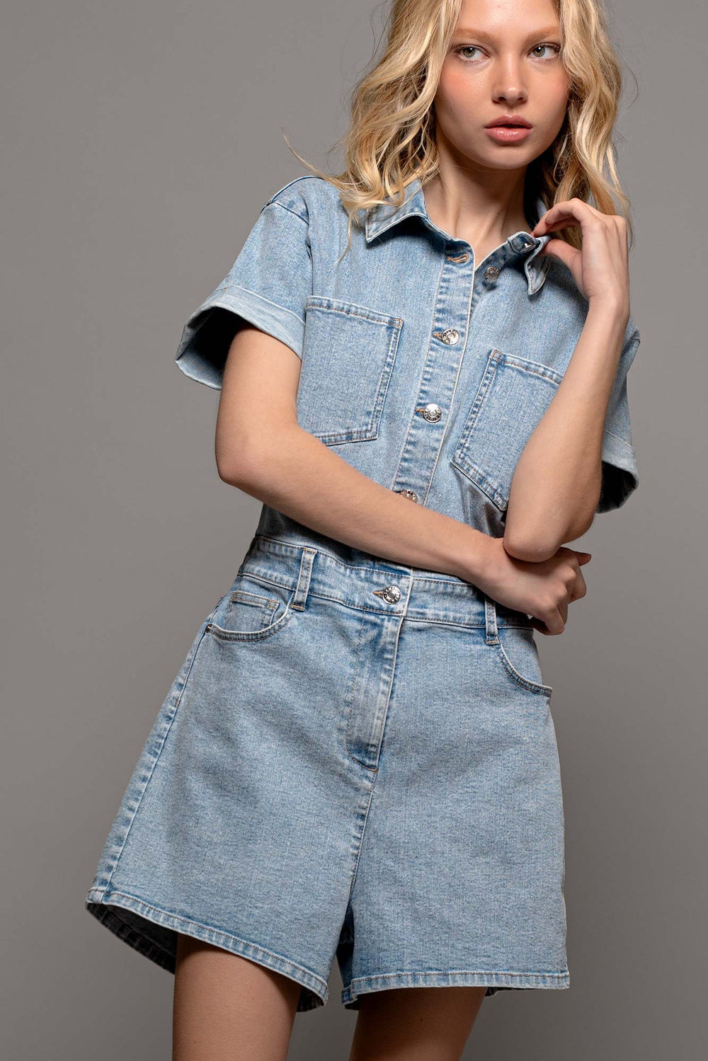 Vintage Denim Utility Playsuit in Lt Blue - Women's Wholesale Rompers | Trend Notes