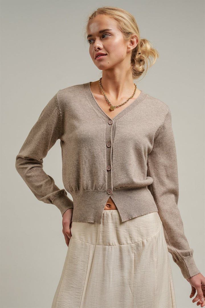 Fine Knit V-Neck Button Cardigan in H Mocha - Women's Wholesale Cardigans & Shrugs | Trend Notes