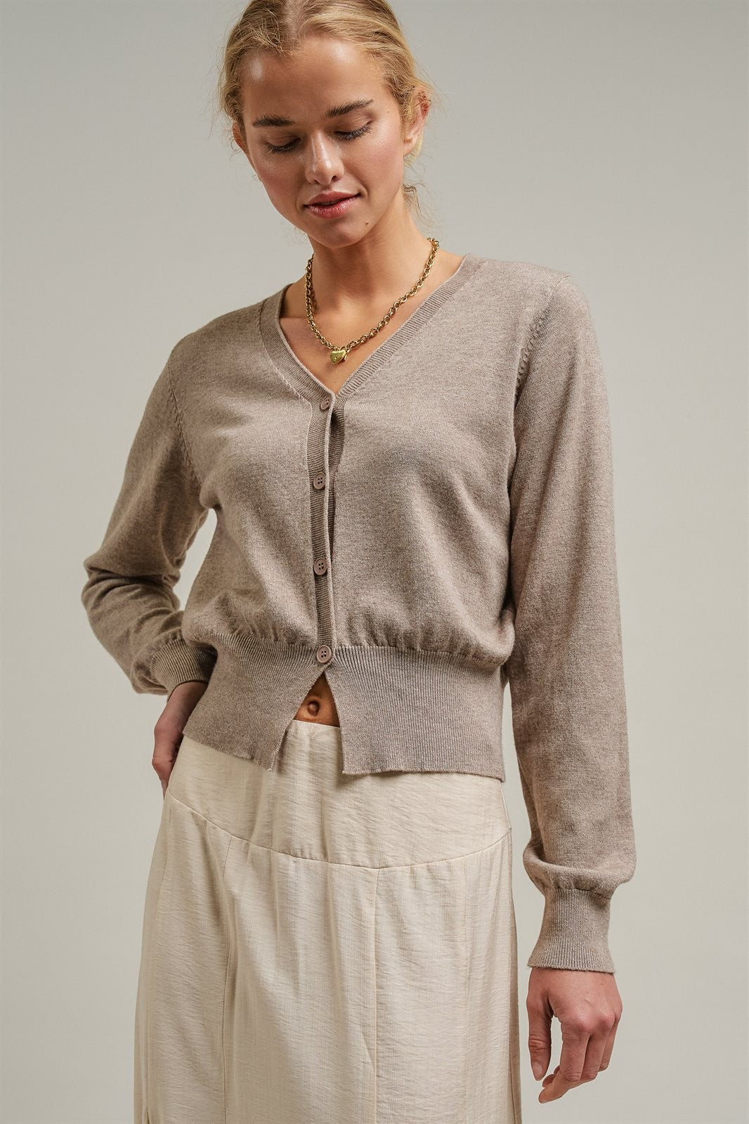 Fine Knit V-Neck Button Cardigan in H Mocha - Women's Wholesale Cardigans & Shrugs | Trend Notes