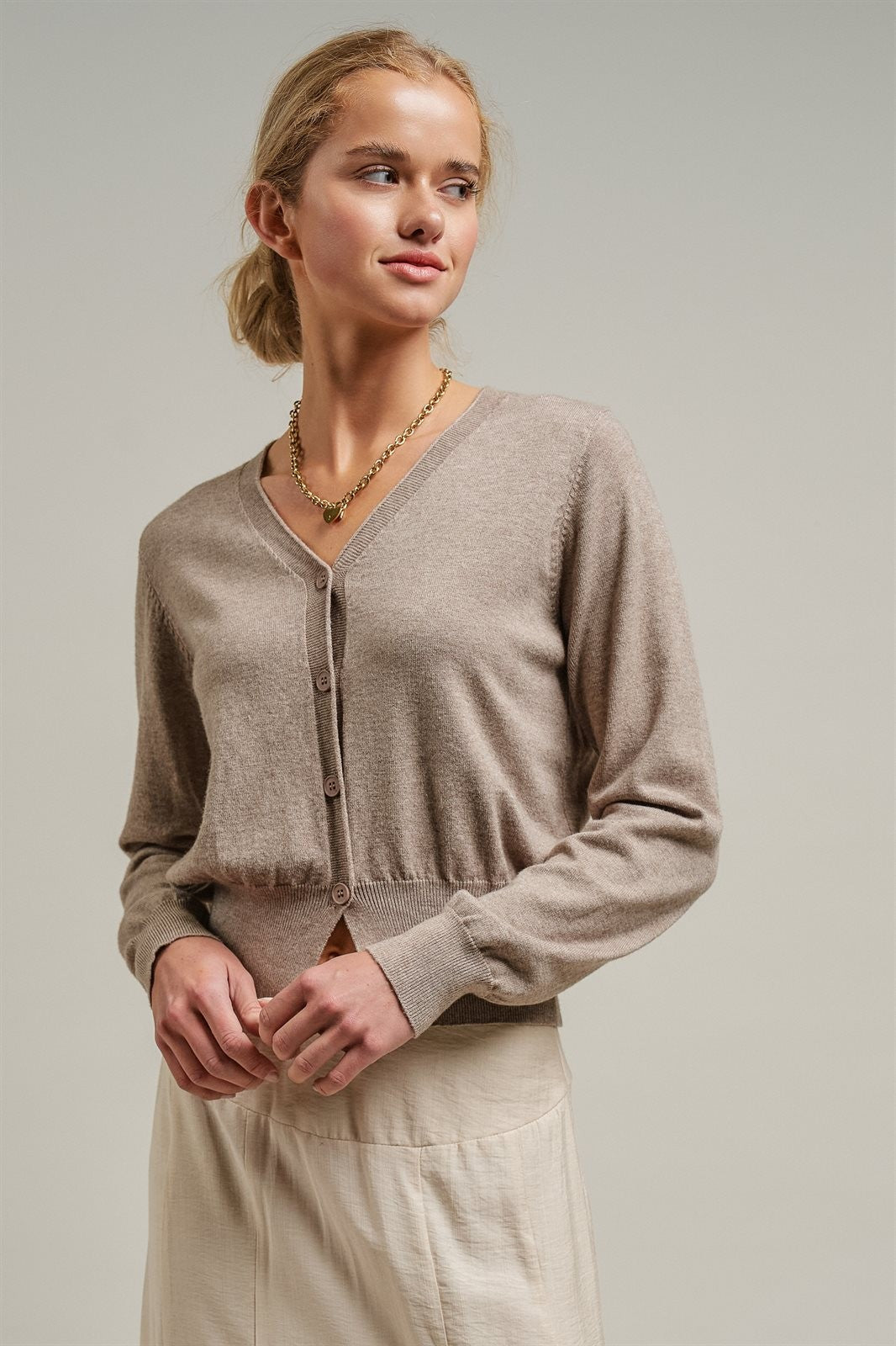 Fine Knit V-Neck Button Cardigan in H Mocha - Women's Wholesale Cardigans & Shrugs | Trend Notes