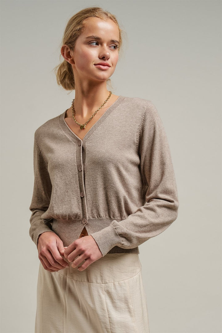 Fine Knit V-Neck Button Cardigan in H Mocha - Women's Wholesale Cardigans & Shrugs | Trend Notes