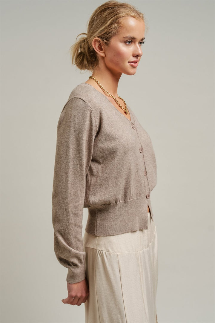 Fine Knit V-Neck Button Cardigan in H Mocha - Women's Wholesale Cardigans & Shrugs | Trend Notes