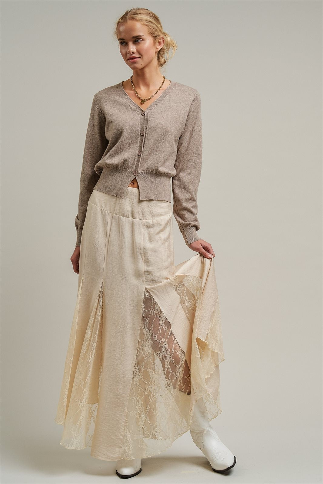 Fine Knit V-Neck Button Cardigan in H Mocha - Women's Wholesale Cardigans & Shrugs | Trend Notes