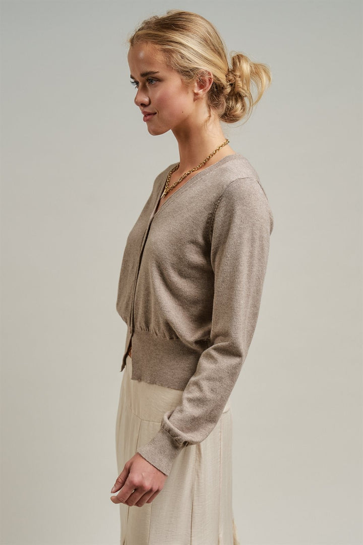 Fine Knit V-Neck Button Cardigan in H Mocha - Women's Wholesale Cardigans & Shrugs | Trend Notes