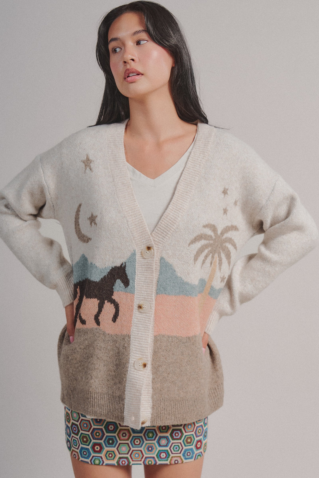 Coastal Horse Scenic Knit Cardigan in Taupe	 - Women's Wholesale Fashion | Trend Notes