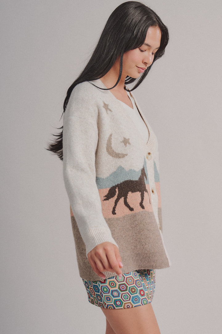 Coastal Horse Scenic Knit Cardigan in Taupe	 - Women's Wholesale Fashion | Trend Notes