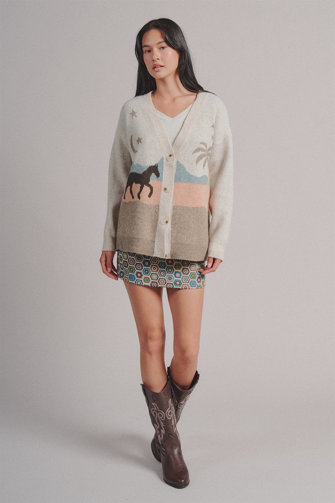 Coastal Horse Scenic Knit Cardigan in Taupe	 - Women's Wholesale Fashion | Trend Notes