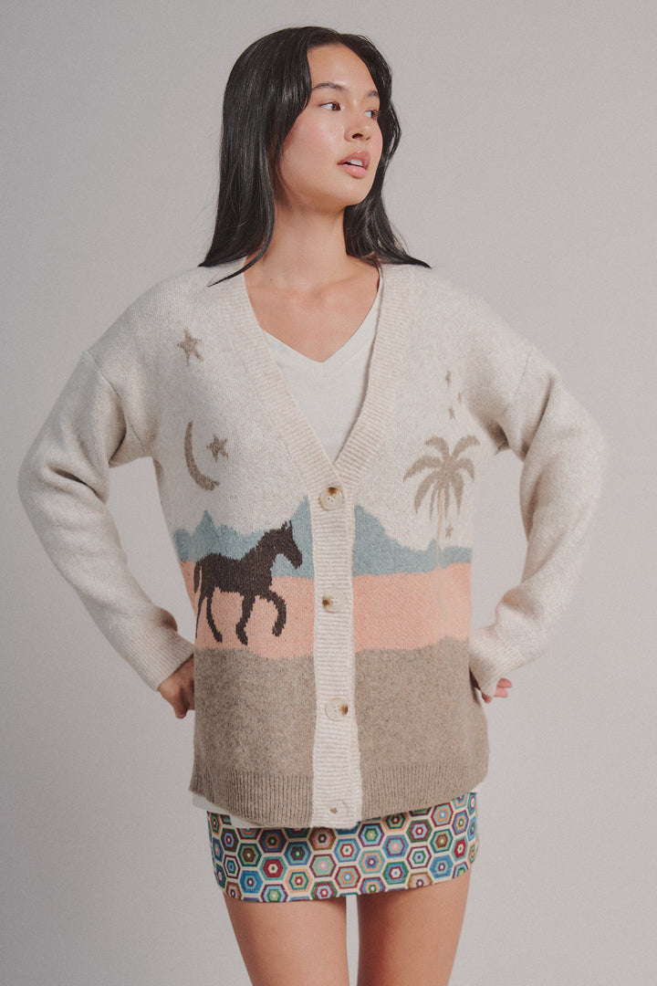 Coastal Horse Scenic Knit Cardigan in Taupe	 - Women's Wholesale Fashion | Trend Notes