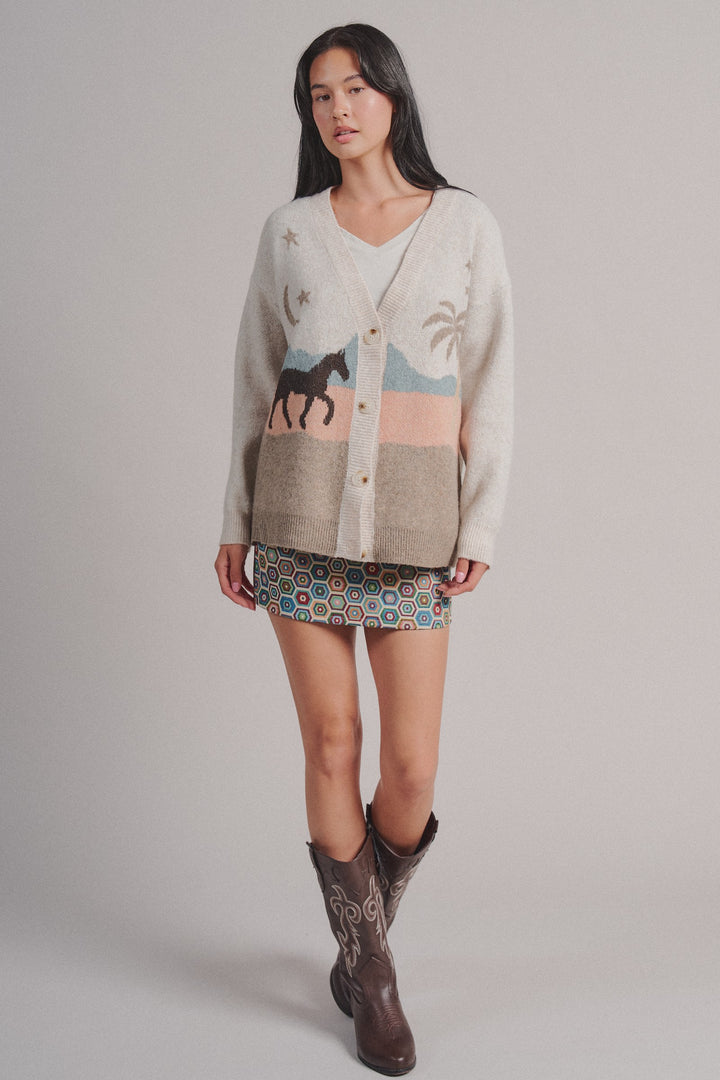 Coastal Horse Scenic Knit Cardigan in Taupe	 - Women's Wholesale Fashion | Trend Notes
