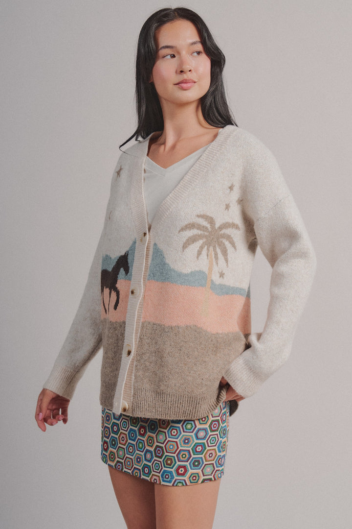 Coastal Horse Scenic Knit Cardigan in Taupe	 - Women's Wholesale Fashion | Trend Notes