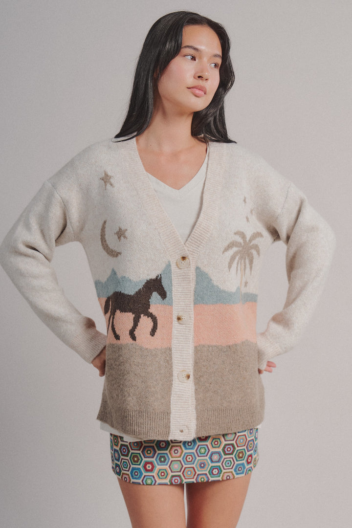 Coastal Horse Scenic Knit Cardigan in Taupe	 - Women's Wholesale Fashion | Trend Notes