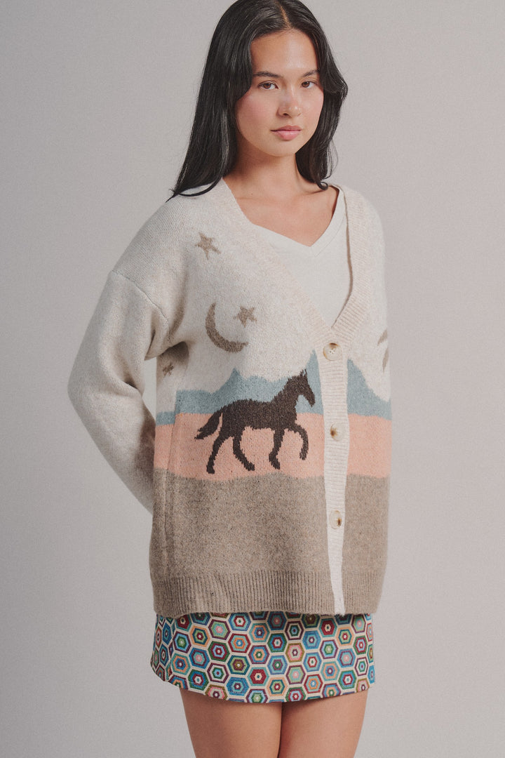 Coastal Horse Scenic Knit Cardigan in Taupe	 - Women's Wholesale Fashion | Trend Notes