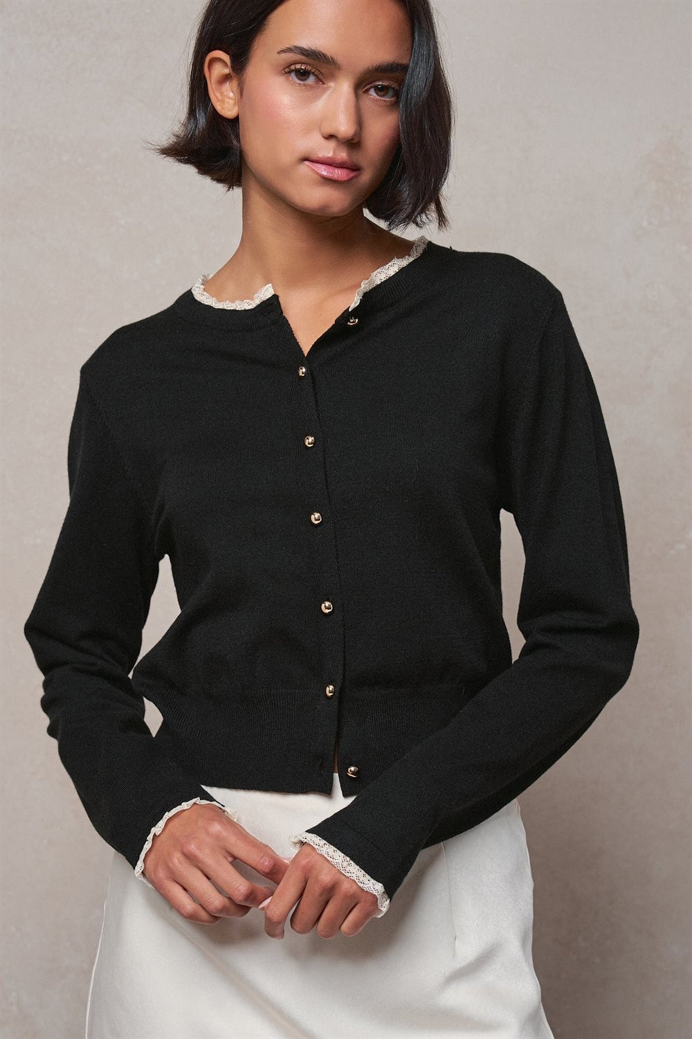 Lace Trim Cropped Knit Cardigan with Gold Buttons in Black - Women's Wholesale Cardigans & Shrugs | Trend Notes