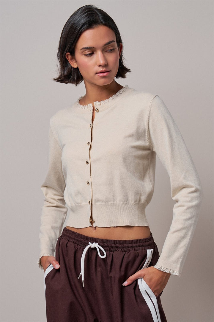 Lace Trim Cropped Knit Cardigan with Gold Buttons in Black - Women's Wholesale Cardigans & Shrugs | Trend Notes