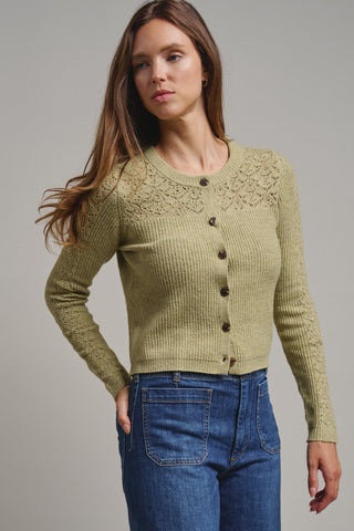 Heirloom Pointelle Knit Cardigan in Avocado - Women's Wholesale Sweaters | Trend Notes