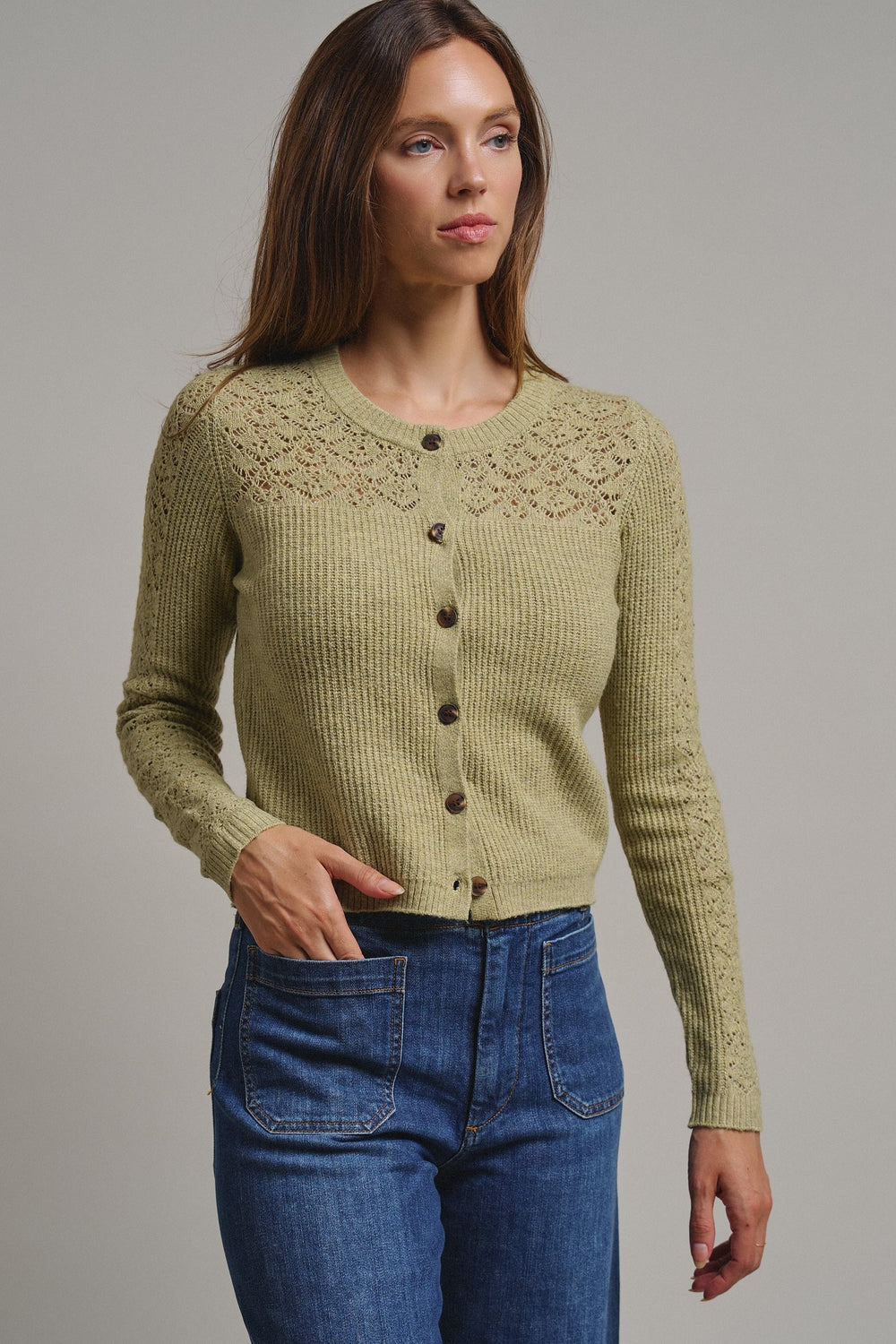 Heirloom Pointelle Knit Cardigan in Avocado - Women's Wholesale Sweaters | Trend Notes