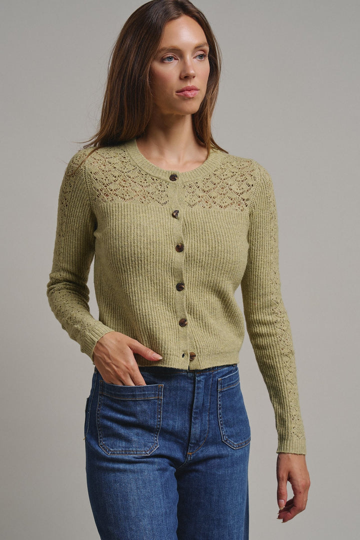 Heirloom Pointelle Knit Cardigan in Avocado - Women's Wholesale Sweaters | Trend Notes