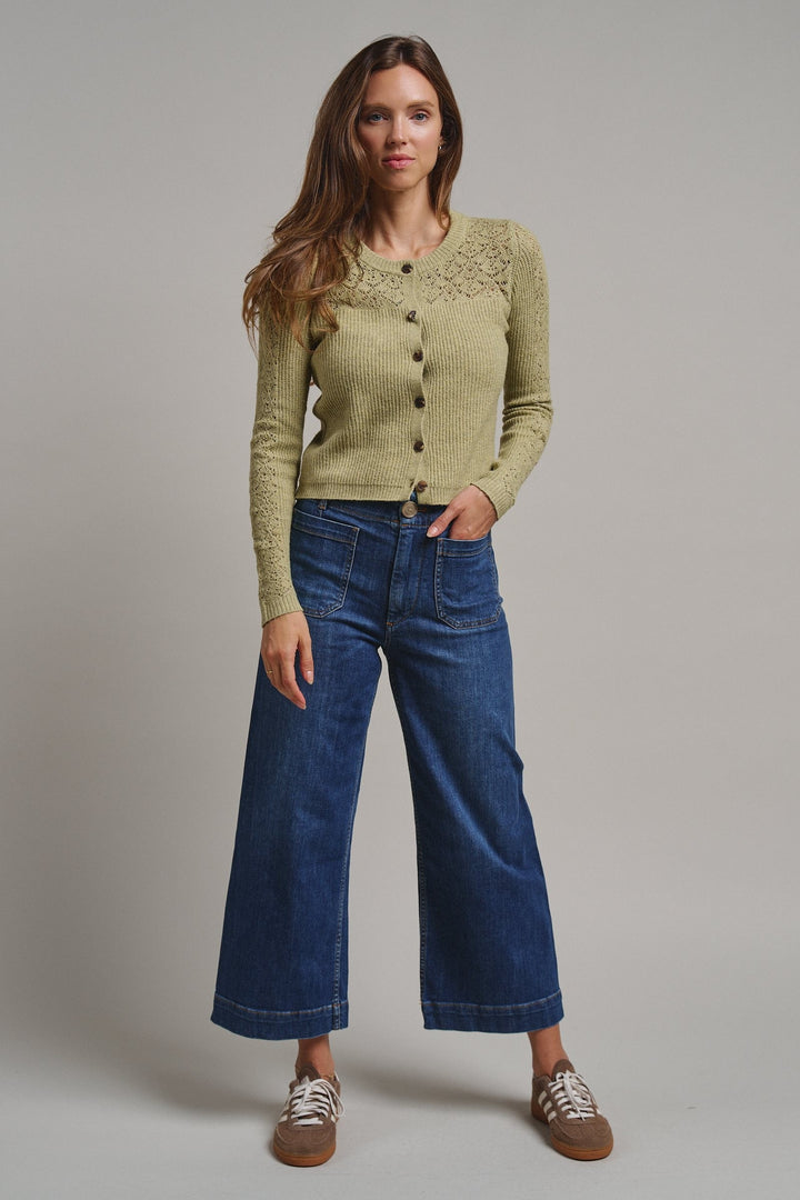 Heirloom Pointelle Knit Cardigan in Avocado - Women's Wholesale Sweaters | Trend Notes