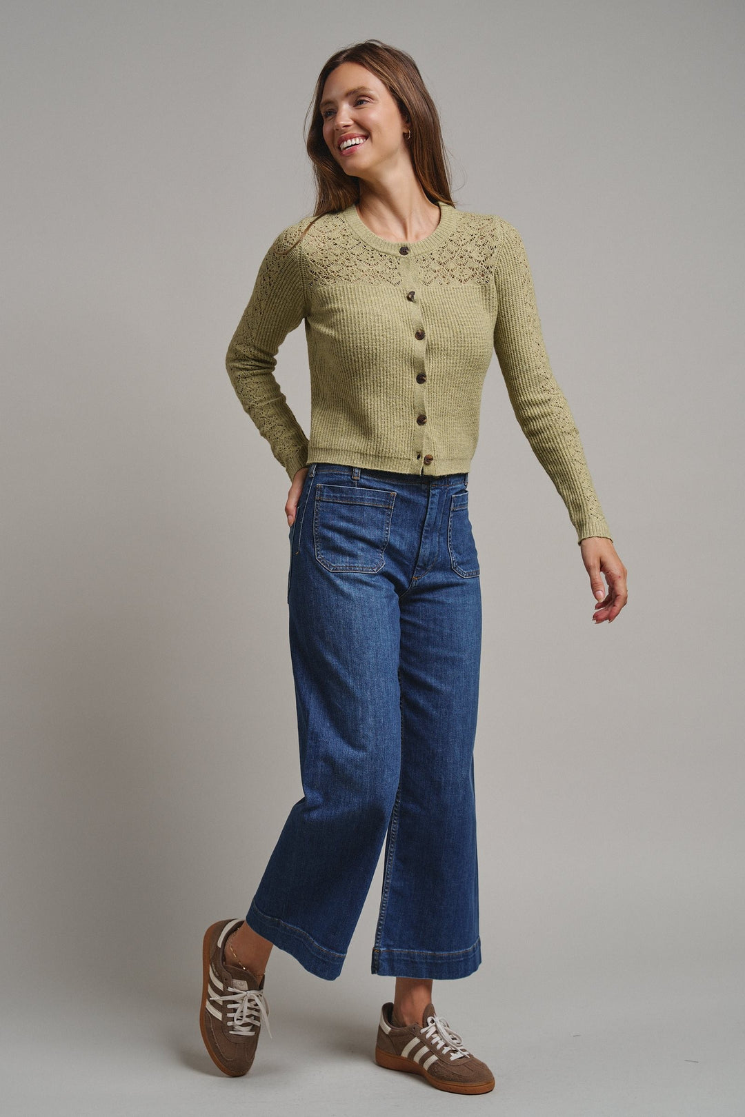 Heirloom Pointelle Knit Cardigan in Avocado - Women's Wholesale Sweaters | Trend Notes