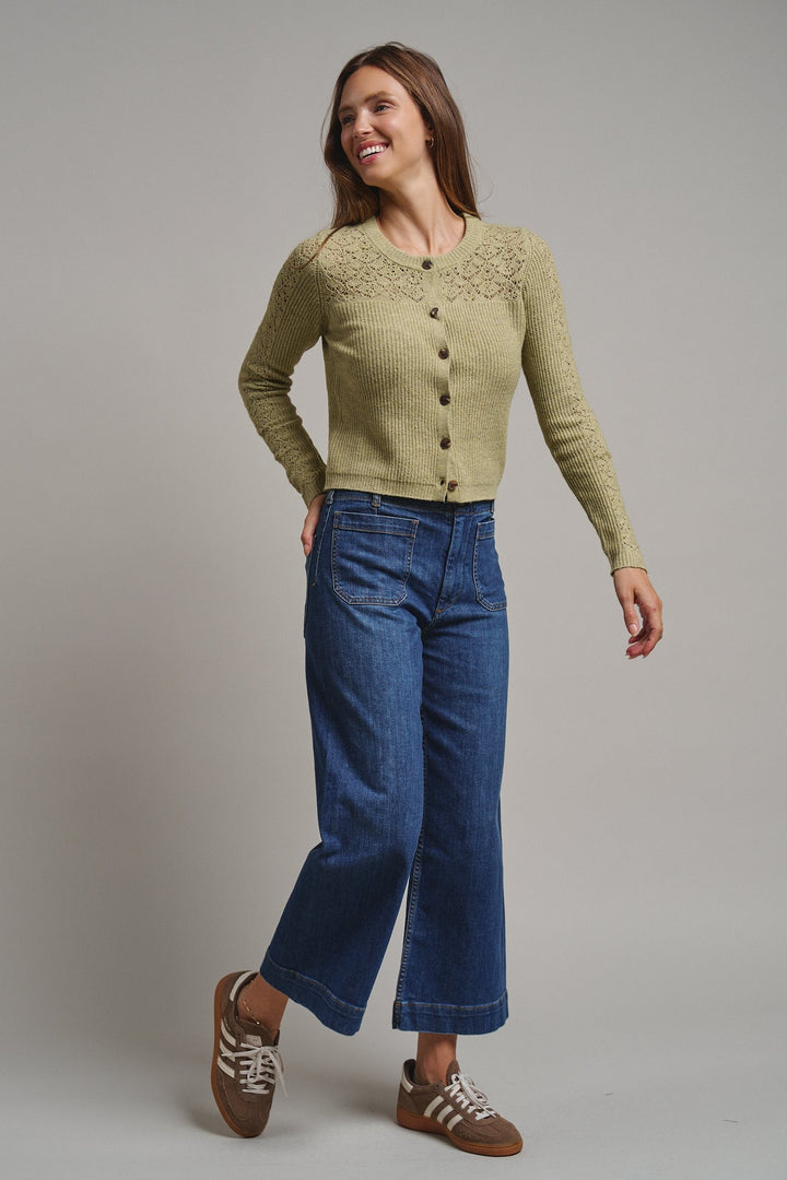 Heirloom Pointelle Knit Cardigan in Avocado - Women's Wholesale Sweaters | Trend Notes