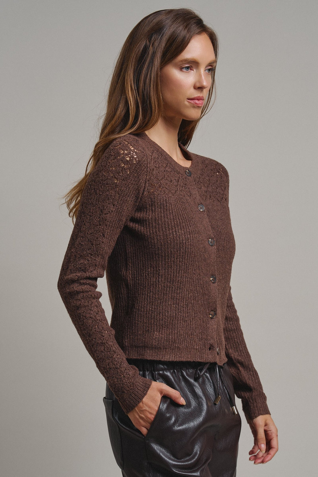Heirloom Pointelle Knit Cardigan in Mocha - Women's Wholesale Sweaters | Trend Notes