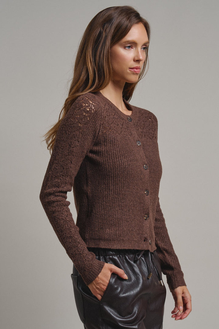 Heirloom Pointelle Knit Cardigan in Mocha - Women's Wholesale Sweaters | Trend Notes