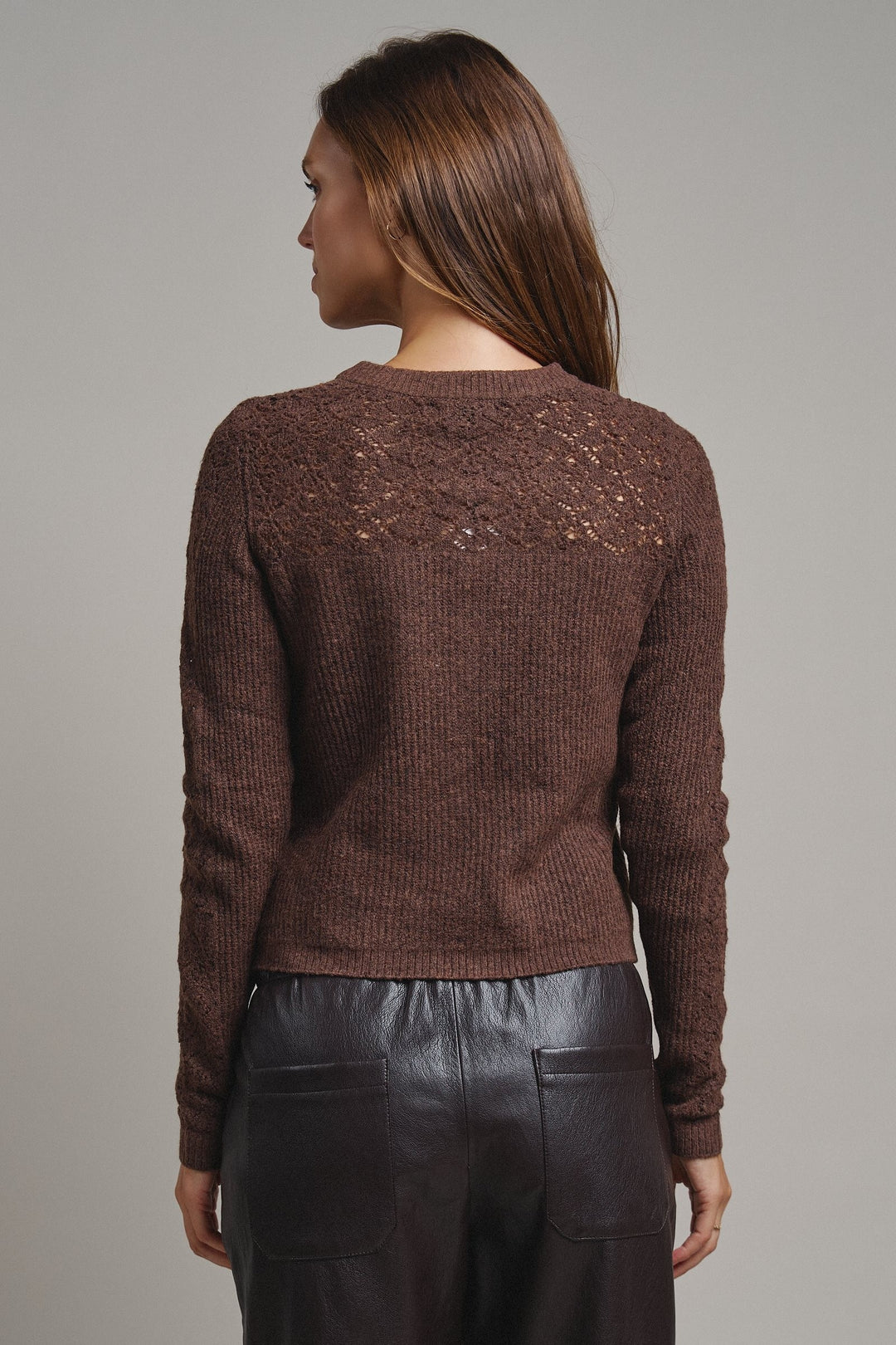 Heirloom Pointelle Knit Cardigan in Mocha - Women's Wholesale Sweaters | Trend Notes