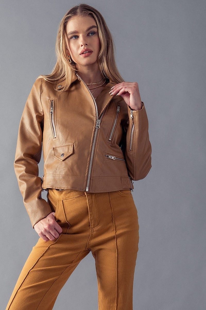 Chic Faux Leather Moto Jacket for Women in Cognac - Women's Wholesale Jackets & Blazers | Trend Notes