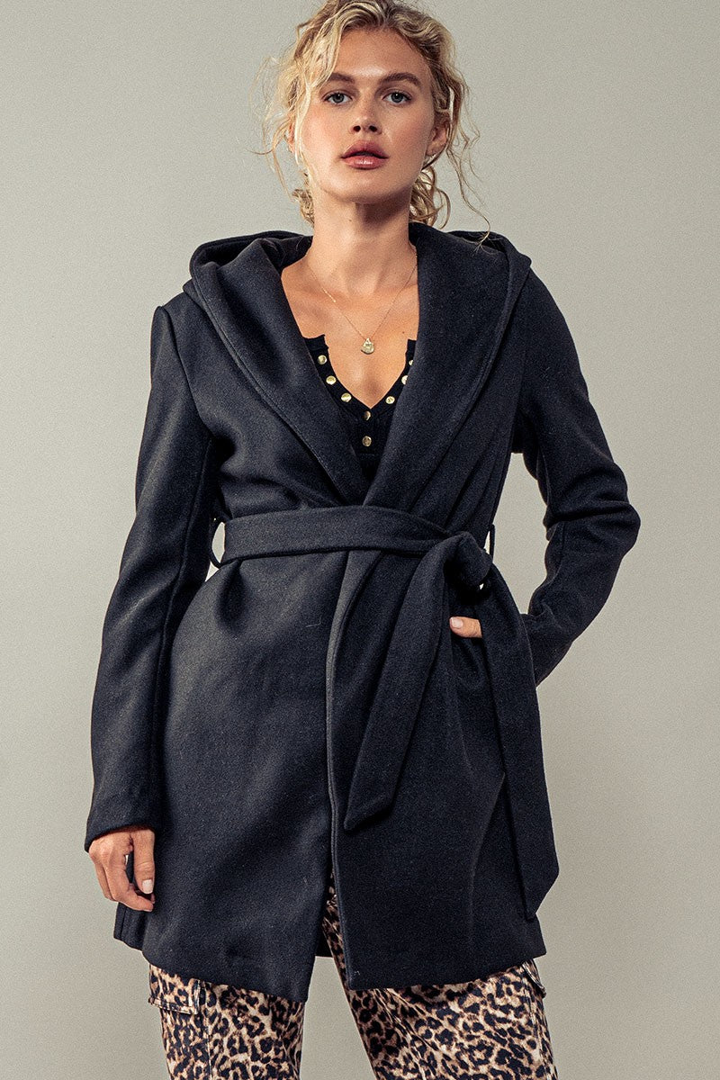 HOODIE LAPEL COAT JACKET W BELT in Black - Women's Wholesale Coats | Trend Notes