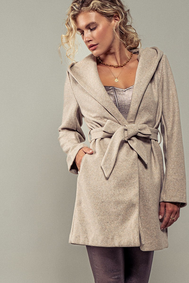 HOODIE LAPEL COAT JACKET W BELT in Oatmeal - Women's Wholesale Coats | Trend Notes