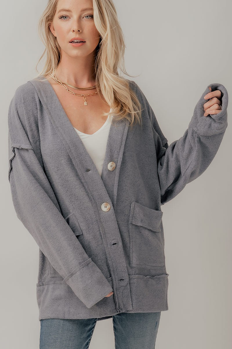 Brushed Knit Reverse Seam Drop Shoulder Cardigan in Blue - Women's Wholesale Cardigans & Shrugs | Trend Notes