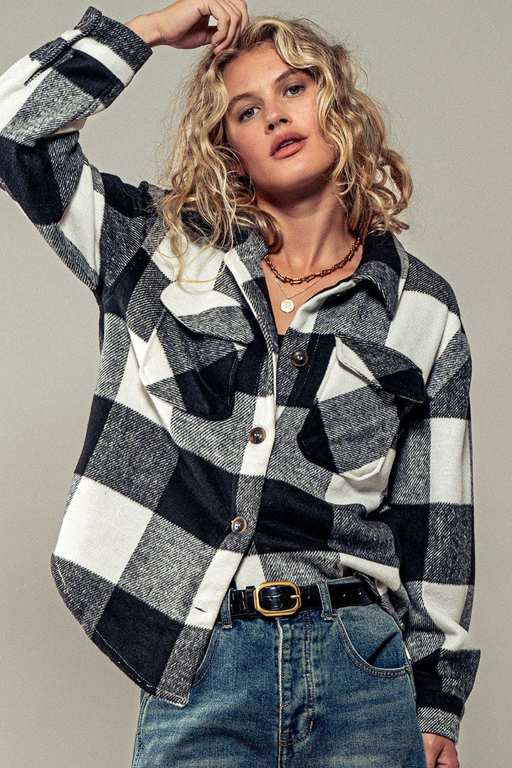 PLAID FLANNEL BUTTON DOWN JACKET in Black - Women's Wholesale Jackets & Blazers | Trend Notes