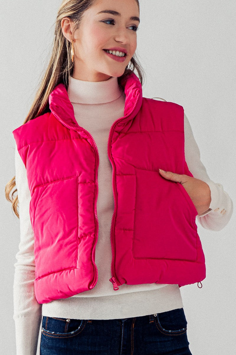 STAND COLLAR BIG POCKET QUILT CROPPED PUFFER VEST in Fuchsia - Women's Wholesale Vests | Trend Notes