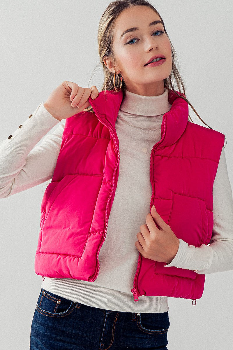 STAND COLLAR BIG POCKET QUILT CROPPED PUFFER VEST in Fuchsia - Women's Wholesale Vests | Trend Notes