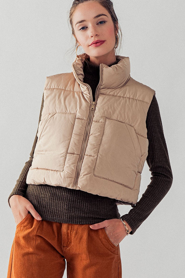 STAND COLLAR BIG POCKET QUILT CROPPED PUFFER VEST in Khaki - Women's Wholesale Vests | Trend Notes