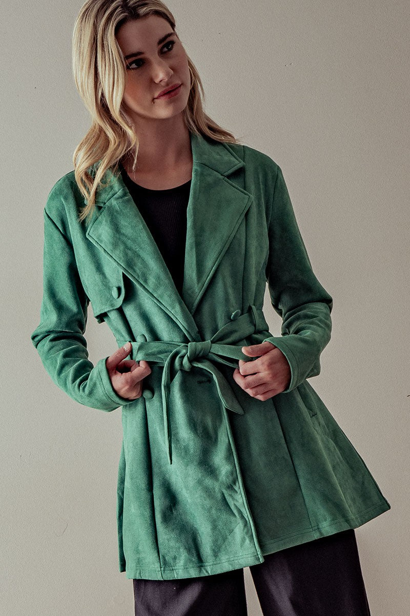 FAUX SUEDE WAIST TIE TRENCH SHORT COAT in Green - Women's Wholesale Jackets & Blazers | Trend Notes