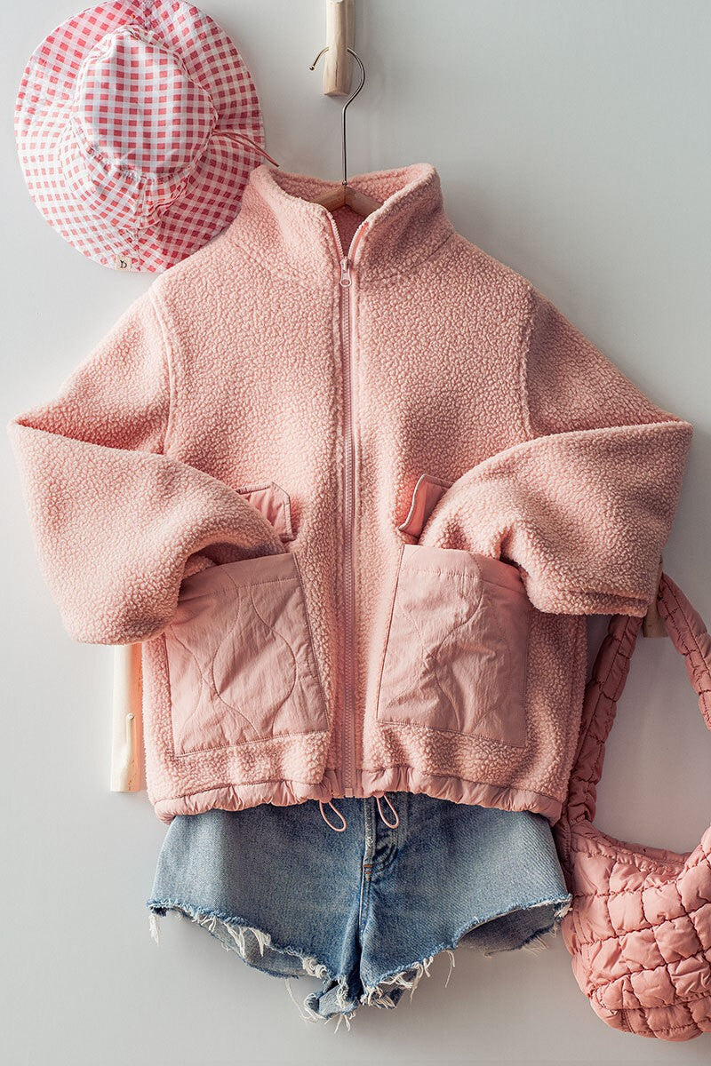 Cozy Sherpa Zip Jacket with Large Patch Pockets in Baby Pink - Women's Wholesale Jackets & Blazers | Trend Notes