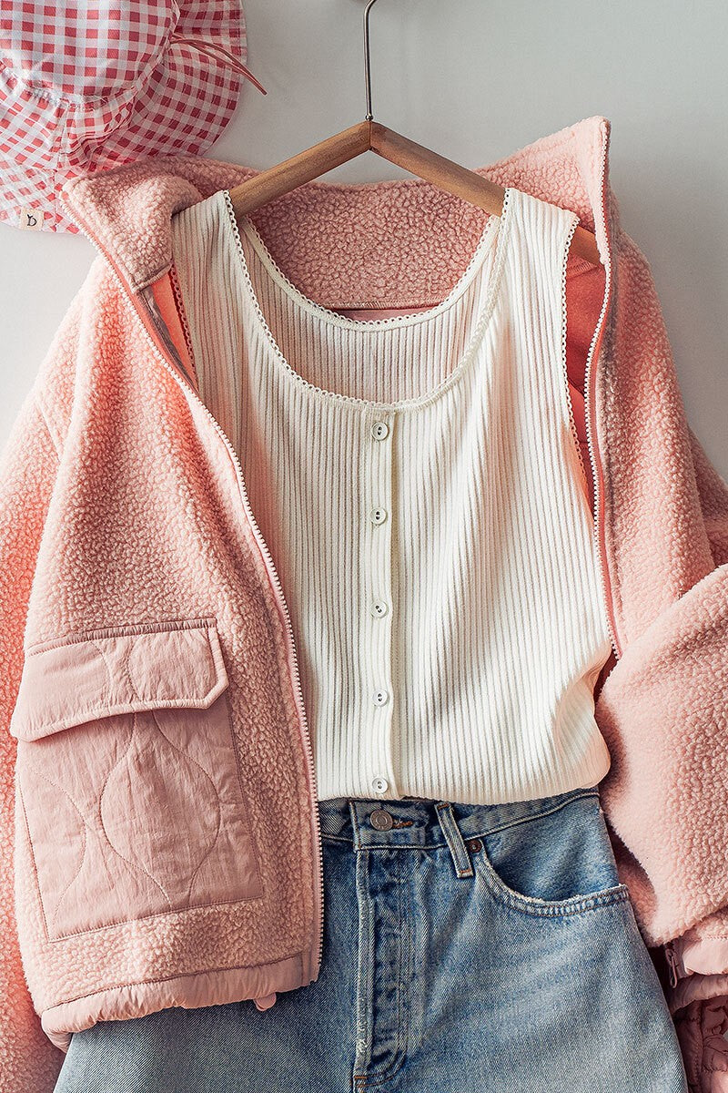 Cozy Sherpa Zip Jacket with Large Patch Pockets in Baby Pink - Women's Wholesale Jackets & Blazers | Trend Notes
