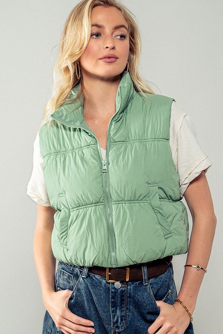 QUILTED ZIP UP PUFFER VEST in Mint - Women's Wholesale Vests | Trend Notes