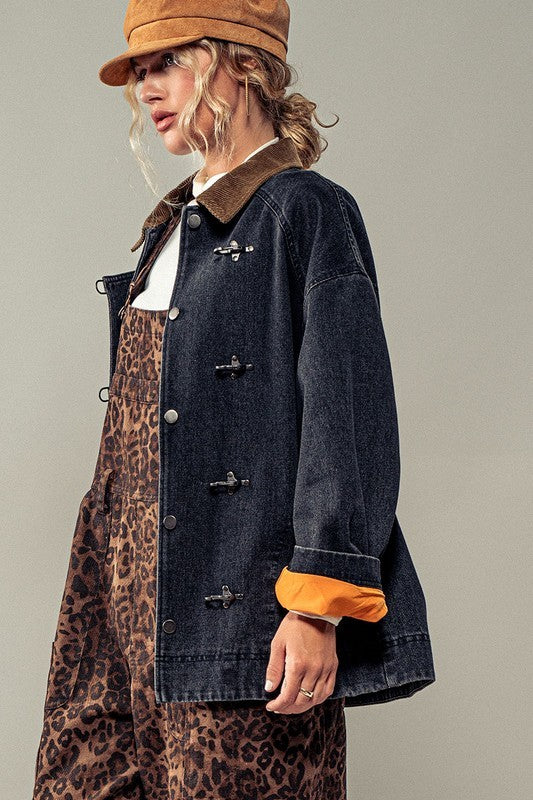 Pinstripe Denim Jacket With Corduroy Collar in Black - Women's Wholesale Jackets & Blazers | Trend Notes