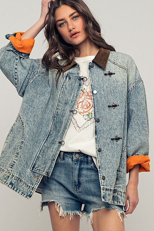 Pinstripe Denim Jacket With Corduroy Collar in Denim - Women's Wholesale Jackets & Blazers | Trend Notes
