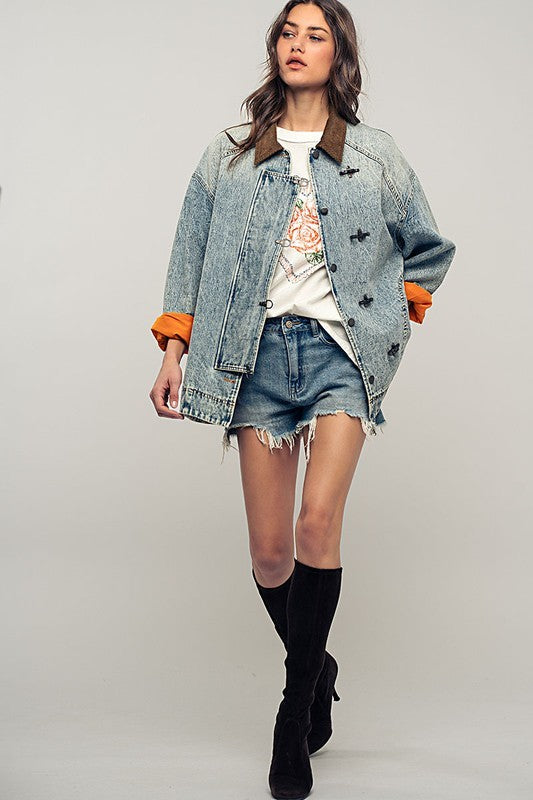 Pinstripe Denim Jacket With Corduroy Collar in Denim - Women's Wholesale Jackets & Blazers | Trend Notes
