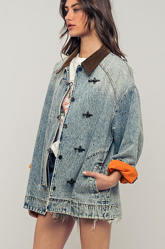 Pinstripe Denim Jacket With Corduroy Collar in Denim - Women's Wholesale Jackets & Blazers | Trend Notes