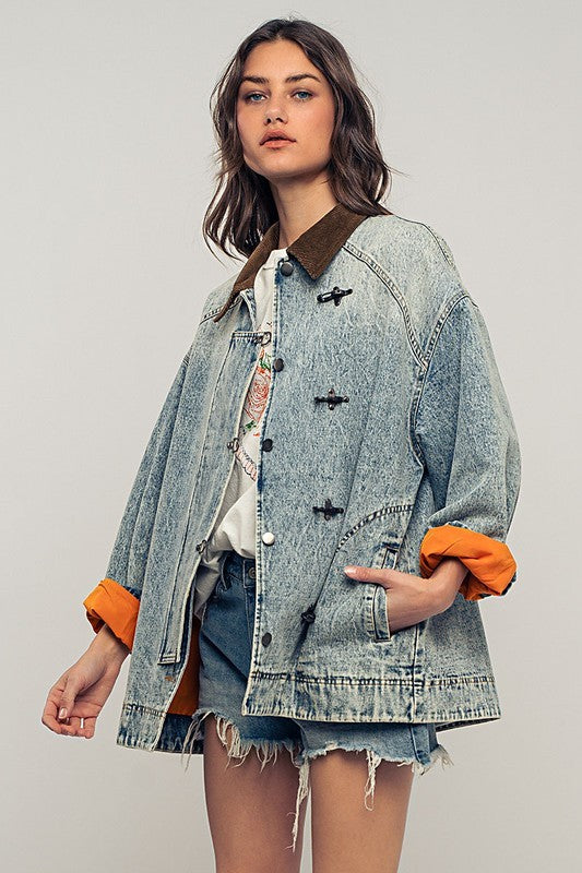 Pinstripe Denim Jacket With Corduroy Collar in Denim - Women's Wholesale Jackets & Blazers | Trend Notes