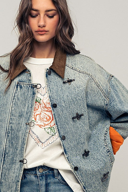 Pinstripe Denim Jacket With Corduroy Collar in Denim - Women's Wholesale Jackets & Blazers | Trend Notes