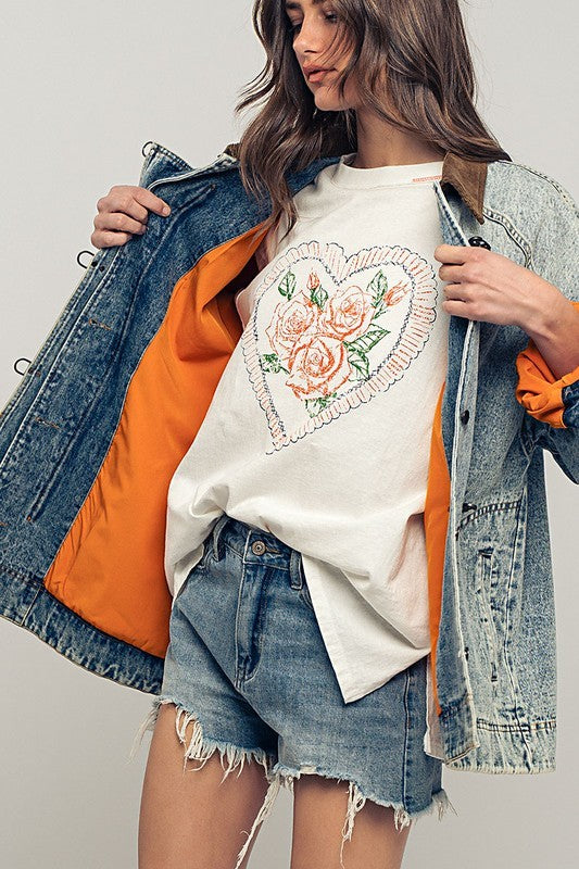 Pinstripe Denim Jacket With Corduroy Collar in Denim - Women's Wholesale Jackets & Blazers | Trend Notes