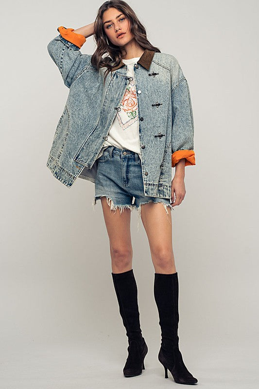 Pinstripe Denim Jacket With Corduroy Collar in Denim - Women's Wholesale Jackets & Blazers | Trend Notes