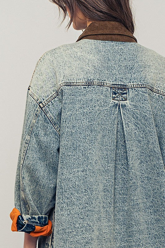 Pinstripe Denim Jacket With Corduroy Collar in Denim - Women's Wholesale Jackets & Blazers | Trend Notes