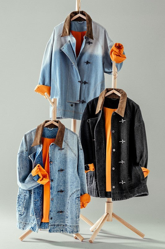 Pinstripe Denim Jacket With Corduroy Collar in Denim - Women's Wholesale Jackets & Blazers | Trend Notes