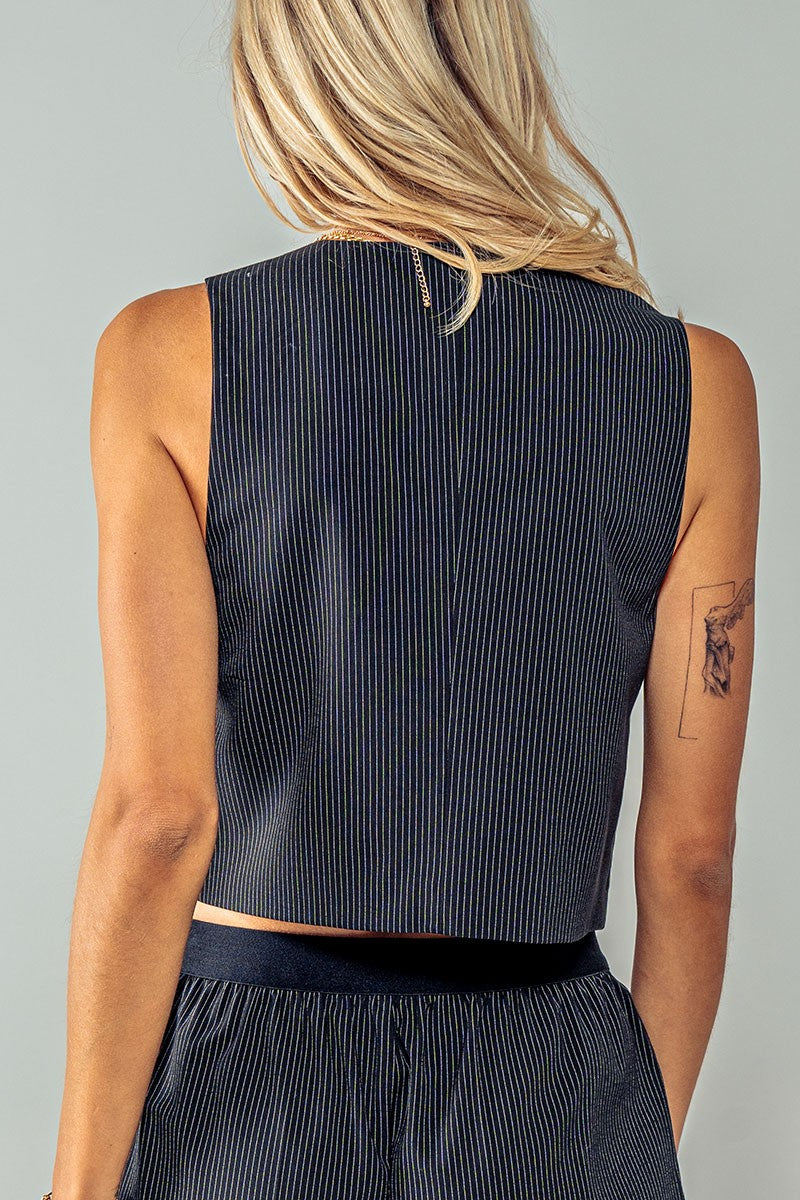 Pleated Pinstriped Vest in Black - Women's Wholesale Vests | Trend Notes